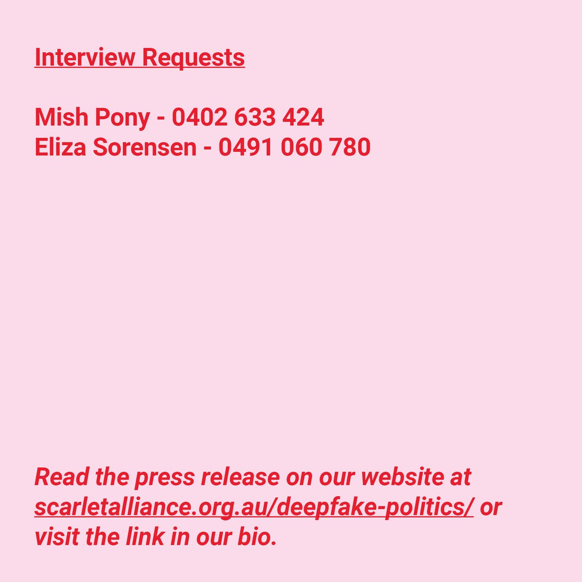 Scarlet Alliance (@scarletalliance) on Twitter photo <a href="/AssemblyFour/">Assembly Four</a> Full media release: bit.ly/4ccwQGX
Interview Requests:
Mish Pony - 0402 633 424
Eliza Sorensen - 0491 060 780
<a href="/AssemblyFour/">Assembly Four</a> <a href="/AssemblyFour/">Assembly Four</a> Full media release: bit.ly/4ccwQGX
Interview Requests:
Mish Pony - 0402 633 424
Eliza Sorensen - 0491 060 780
<a href="/AssemblyFour/">Assembly Four</a>