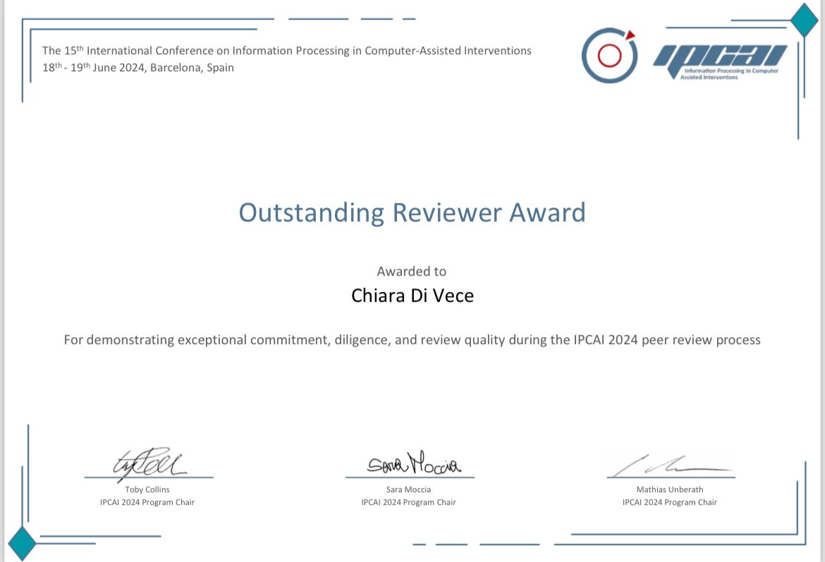 Chiara Di Vece (@chiaradivece_) on Twitter photo Thrilled to be one of the 8 reviewers recognized out of 117. It’s been a pleasure contributing to the peer review process and supporting the advancement of our field. Huge thanks to the <a href="/IPCAI_conf/">IPCAI</a> committee for this recognition! #IPCAI2024 #PeerReview Thrilled to be one of the 8 reviewers recognized out of 117. It’s been a pleasure contributing to the peer review process and supporting the advancement of our field. Huge thanks to the <a href="/IPCAI_conf/">IPCAI</a> committee for this recognition! #IPCAI2024 #PeerReview