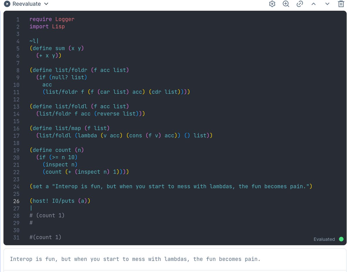 Tentei fazer Enum map usando interop, mas ia custar mais tempo do que eu tenho disposição pra gastar nisso. encodar lambdas do lisp pro elixir ia me fazer ter que mexer com macros e tal. mas fica de exercício pra tentar no futuro.