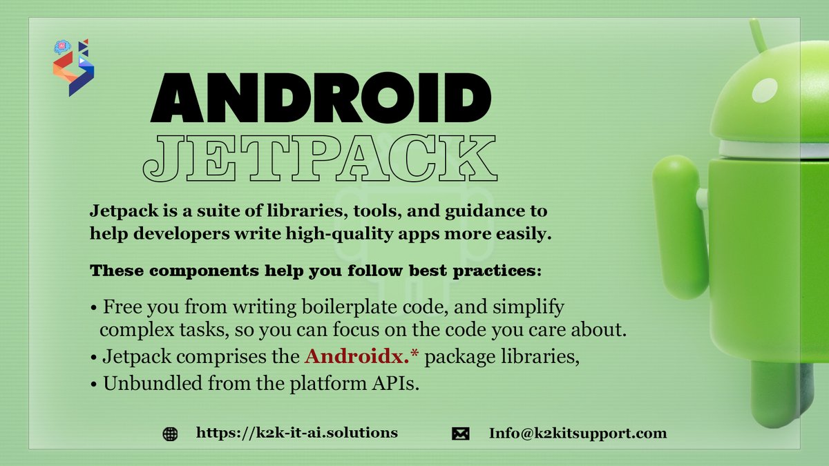 _k2kit's tweet image. Android Jetpack is a suite of libraries that makes routine and complex tasks easier and quicker involved in Android app development.
.
.
#android #jetpack #androidjetpack #application #development #applicationdevelopment #code #tools #design #playstore #gaming #k2k #k2kit