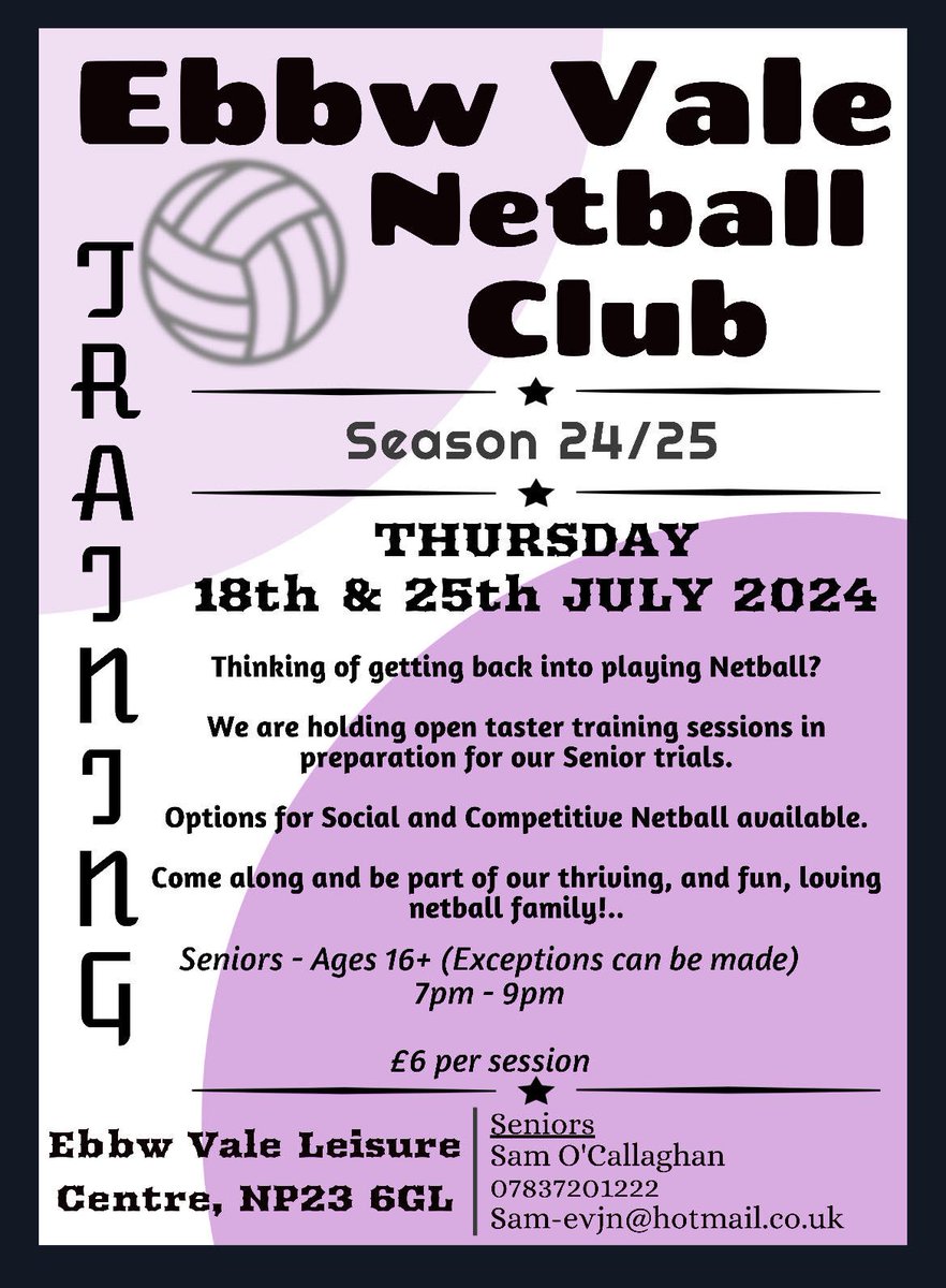 📣📣📣Ebbw Vale Netball is calling all you netball lovers out there 🏐🏐🏐
See Info for our open sessions leading into our trials