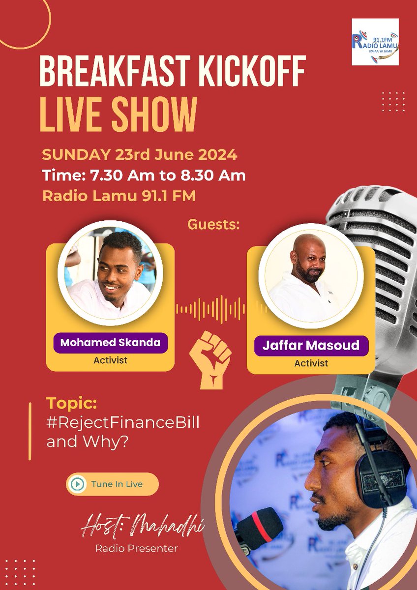 OccupyLamu's tweet photo. Lamu Gen's we are awake!! Breakfast Kickoff live show!! We are Rejecting the Finance bill!! Join us on Sunday 23rd June 2024 #REJECTFİNANCEBİLL2024 #OccupyACKNyahururu #OccupyKapsabet #OccupyKericho #occupybunge #occupyLamu #rejecttokeatuesday https://t.co/881RrQbv0j