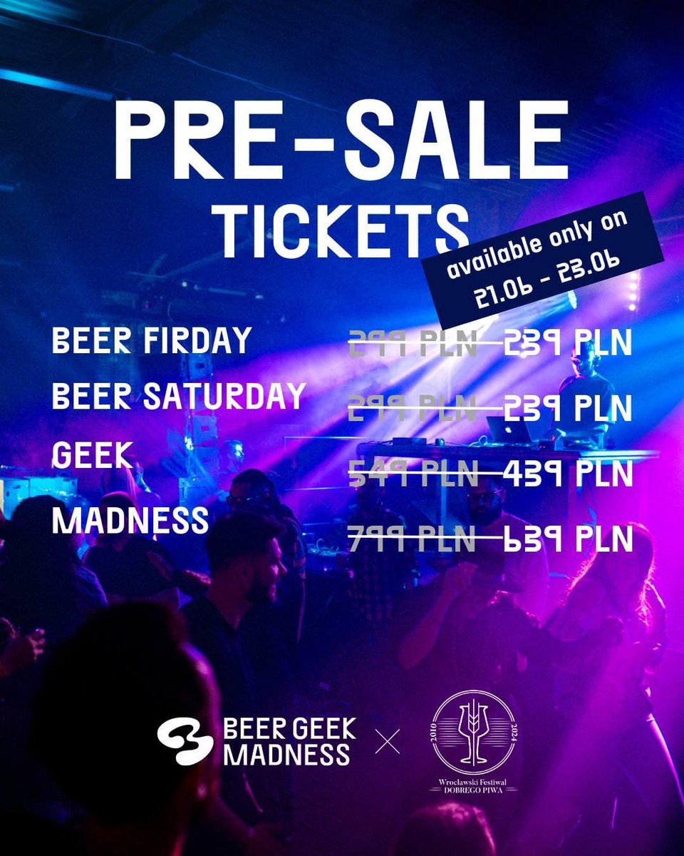 During Wrocław Good Beer Festival, we are launching tickets pre-sales for our 2025 festival! 🍺

Special 𝟮𝟬% discount on tickets, available June 21-23 only. It won't get any cheaper, so don't delay your purchase!

➡️ Link to purchase tickets: tiny.pl/djb59