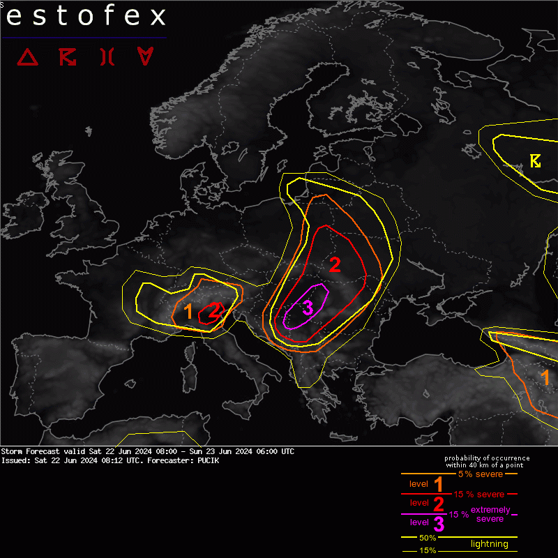 Severe weather continues throughout the weekend! Today, the highest risk will be in a belt from Bosnia through Serbia, Hungary, and Romania into E Slovakia and SE Poland. However, N Italy is also not out of the woods yet. Read more at estofex.org