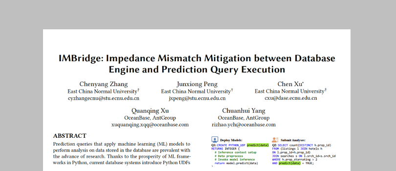 SotaTsuneo39612's tweet image. 🔍 Excited about #OceanBase and ECNU&apos;s second SIGMOD 2024 paper! &quot;IMBridge&quot; integrates Python with OceanBase’s vectorized SQL engine for ML prediction queries. By eliminating redundant context loads and optimizing batch sizes, it boosts prediction query performance. 🚀#SIGMOD2024