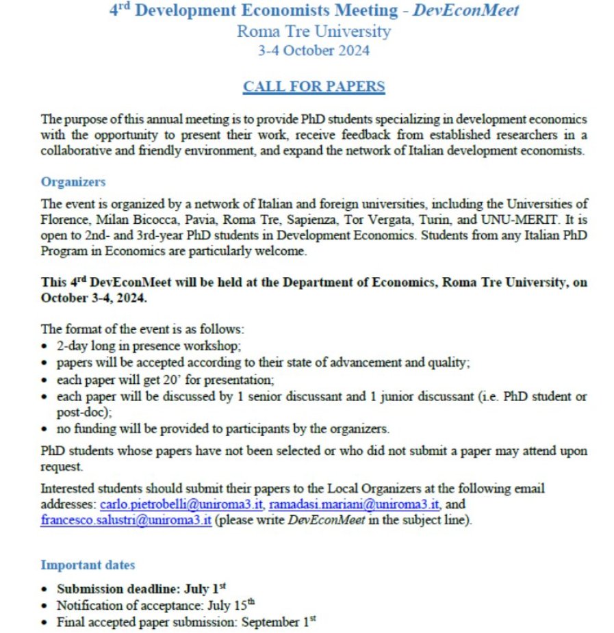 🎯If you are a doctoral student working in development economics and enrolled in a PhD program in IT, consider sending us your paper and let's meet in Rome!
Deadline: July 1