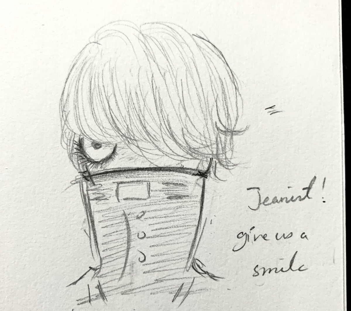 AmareInMortis's tweet photo. #BestJeanist Jeanist is so funny to draw.
(Also, I want to post the first picture last but Twitter has its doofy way of previewing things, so..)

I finish this sketchbook of mine with drawing this guy laughing. How fun. https://t.co/BGYuTCruBt