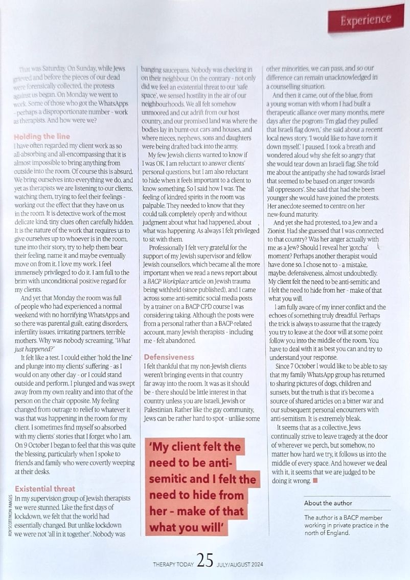 VictoriaParkBks's tweet photo. Brilliant article on what happens when #antisemitism enters the counselling room.
"Jews continually strive to leave tragedy at the door of wherever we perch, but somehow, no matter how hard we try, it follows us into the middle of every space."@faniaoz @hearnimator @Fathom_Editor https://t.co/TH6PBVBvir