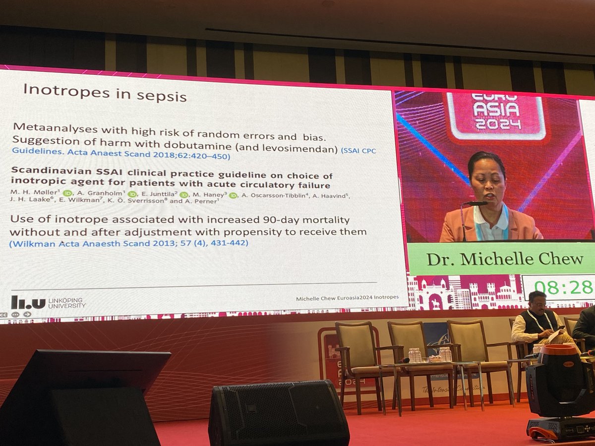 KatiaDonadello's tweet image. Inotropes in sepsis, #MichelleChew at #EUROASIA2024.
*Despite controversies in literature, #SSC2021 GLs recommend Dobutamine as first line inotrope…Be careful of possible harm
*Let’s get some spices from #CardiogenicShock GLs…
*”Niched” Levosimendan
*Avoid Adrenaline