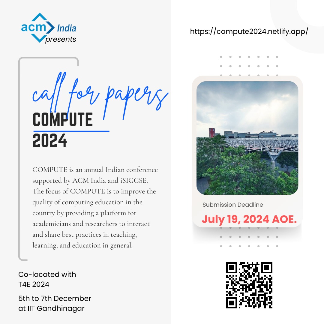 neeldhara's tweet image. Excited to be hosting @Indiaacm's COMPUTE @iitgn later this year, co-located with T4E! 
It promises to be an amazing combined program, and the CfP is now live: please spread the word, and if relevant, consider submitting too :)
compute2024.netlify.app
