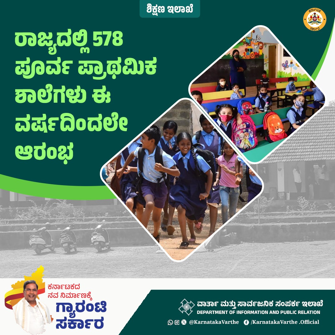 KarnatakaVarthe's tweet image. ರಾಜ್ಯದಲ್ಲಿ 578 ಸರ್ಕಾರಿ ಪ್ರಾಥಮಿಕ ಶಾಲೆಗಳಲ್ಲಿ ಪೂರ್ವ ಪ್ರಾಥಮಿಕ ತರಗತಿಗಳು ಆರಂಭಿಸಲು ಸರ್ಕಾರ ಅನುಮತಿ ನೀಡಿದೆ. ಈ ತರಗತಿಗಳನ್ನು 2024-25ನೇ ಶೈಕ್ಷಣಿಕ ಸಾಲಿನಿಂದಲೇ ಆರಂಭಿಸಲು ಸೂಚಿಸಿದ್ದು, ಅಗತ್ಯ ಸಿದ್ಧತೆಗಳನ್ನು ಮಾಡಿಕೊಳ್ಳುವಂತೆ ಶಿಕ್ಷಣ ಇಲಾಖೆ ಜಿಲ್ಲಾ ಉಪನಿರ್ದೇಶಕರಿಗೆ ಸೂಚನೆ ನೀಡಿದೆ.

#ECCE #karnatakaschools