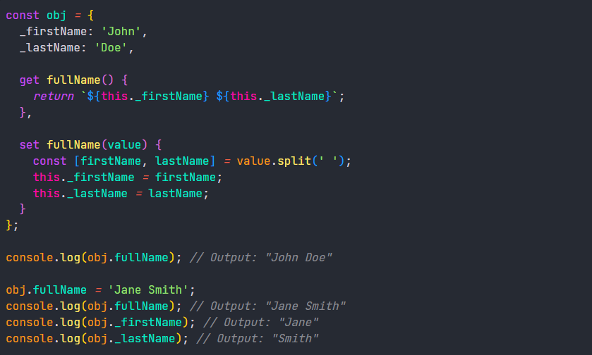 ashx083's tweet photo. Example : we are using an object(obj) and it has a key, "fullName". 

Now, if we want to alter the "fullName" using the other keys of the same, object, we can use get and set fxns.

If we just access the "fullName", get fxn run
If we change the value, set fxn run automatically. https://t.co/5PcldlEYlh