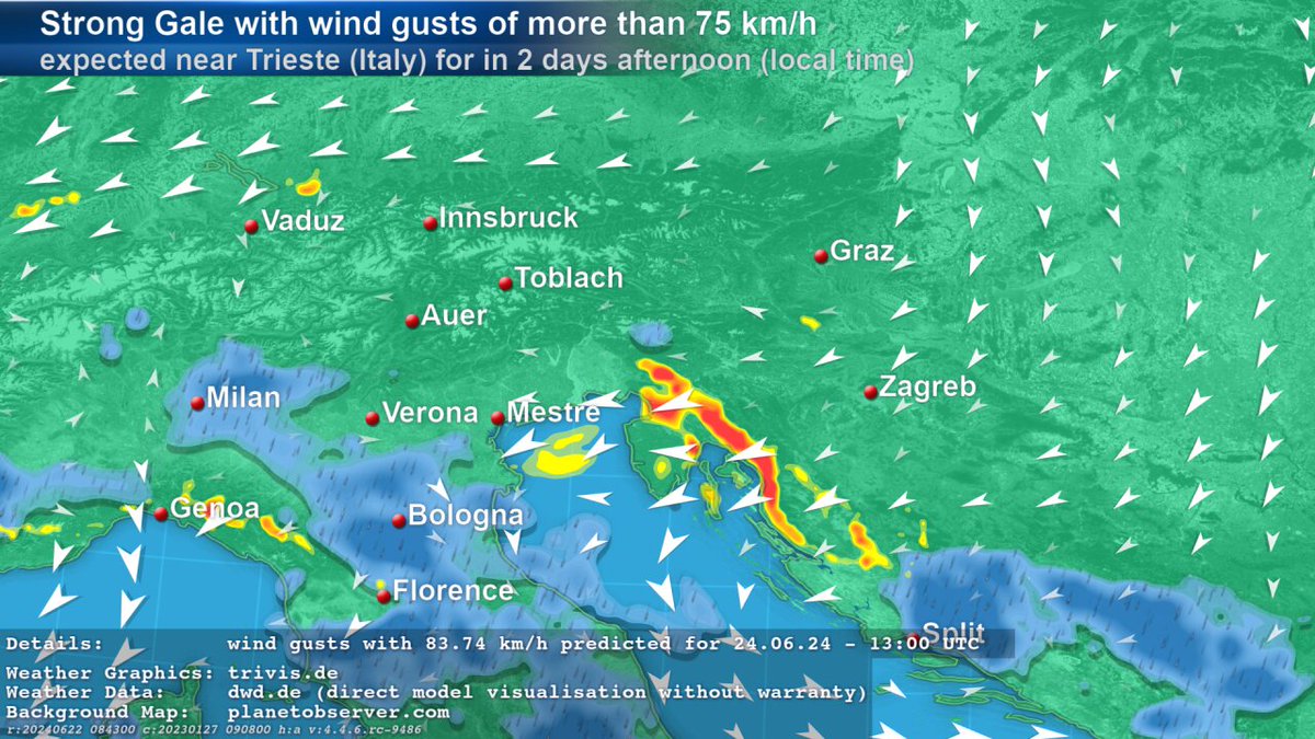 ASKMeteo's tweet photo. ICON model contains significant #weather #wetter of type "#StrongGale" with wind gusts of more than 75 km/h near #Trieste (#Italy) for in 2 days afternoon given in local time. The ICON forecast data predicts wind gusts with 83.74 km/h for 24.06.24 - 13:00 UTC. https://t.co/QgGsX877c7