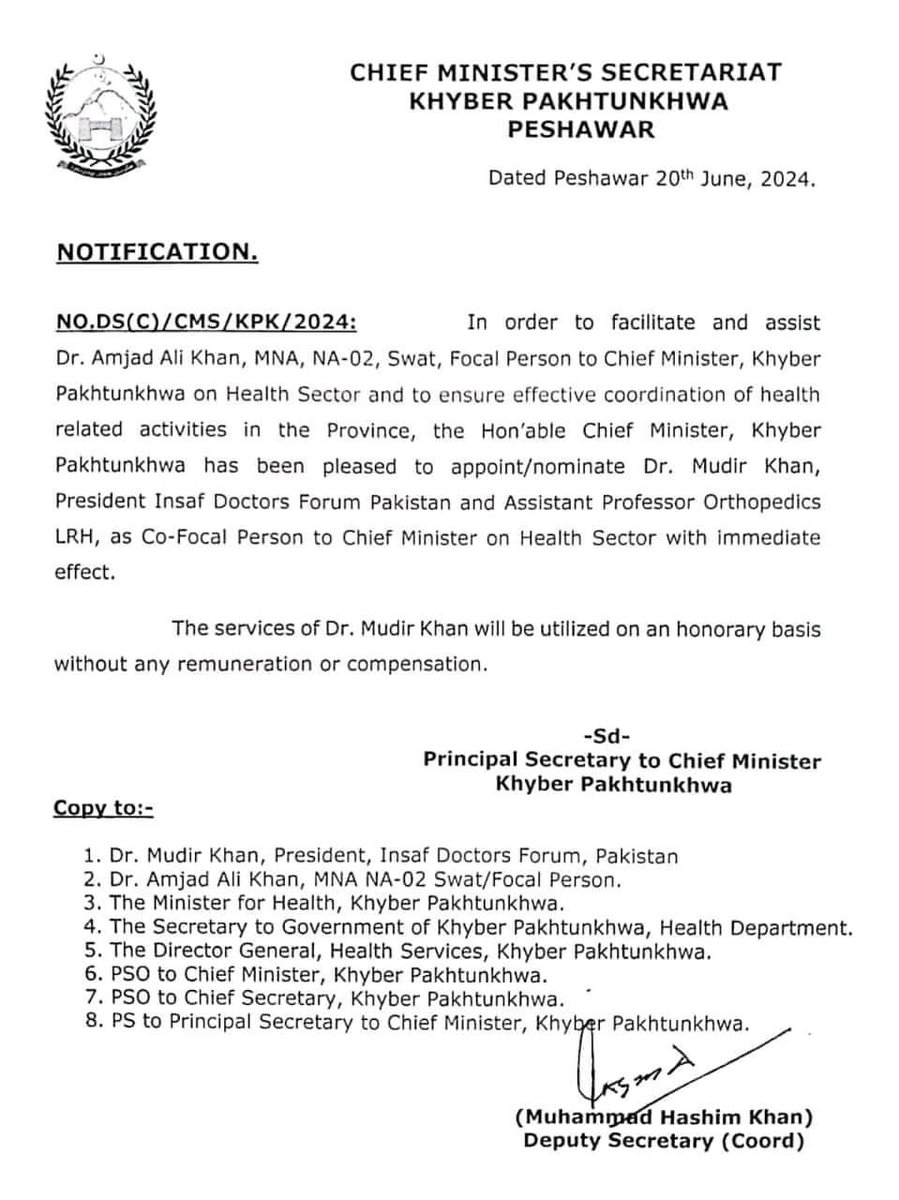 Heartfelt congratulations to @mudir_007 ( President Insaf Doctor's Forum Pakistan) on his well-deserved appointment as the Focal Person to the Chief Minister of Khyber Pakhtunkhwa for the health sector. This honorary role is a recognition of Dr.mudir Khan's exceptional