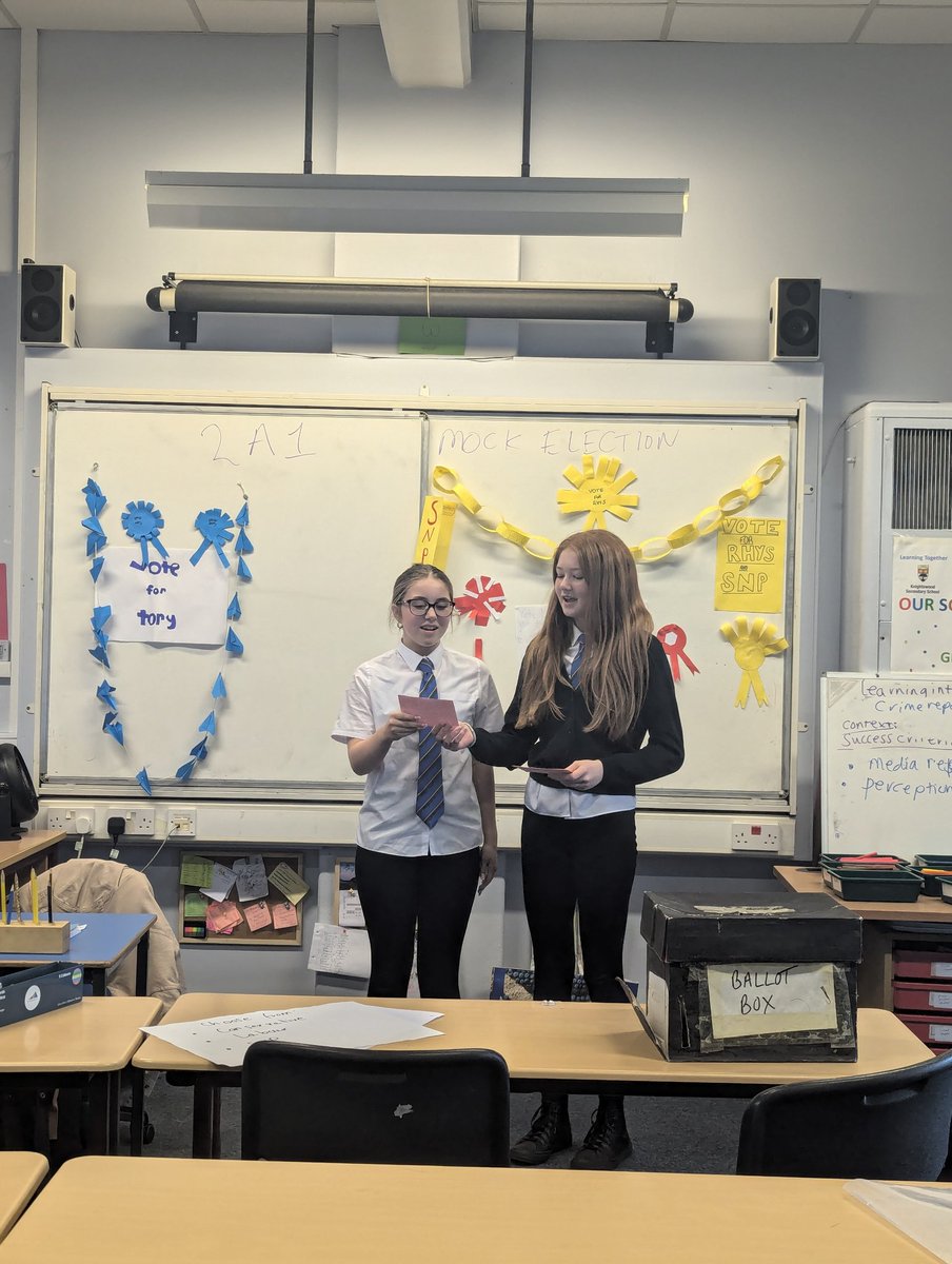2A1 getting swept up in the election buzz! A massive well done to our Labour co- conveners for an outstanding speech and funny campaign materials! Our SNP runner up spoke with passion and confidence. Great effort to all who took part. <a href="/Humanities_KSS/">KSS Humanities</a> <a href="/KnightswoodSec/">KSS</a>