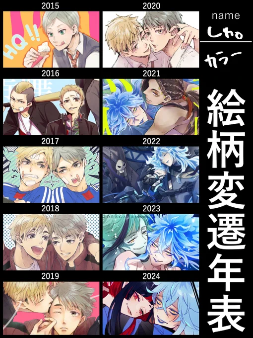 絵柄変遷のやつカラーとモノクロ
同人活動するつもりなかったから最初漫画もSAIで描いてたクリスタにしたの2017年くらいかな…2018年から急に上達してる気がするなこの辺は少女漫画みたいに描いてみたい期だったから私に合ってたのかも2023年は完全に3D背景使ってますね振り返るの面白い 