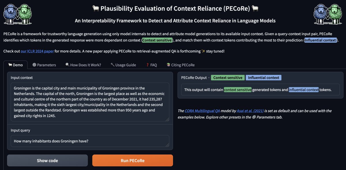 InseqLib's tweet image. The 🐑 PECoRe / 🌴 MIRAGE demo on @huggingface Spaces is powered by our new attribute-context CLI command released in v0.6, and allows to export the code to reproduce your results locally with 🐛 Inseq.

Check it out ➡️ hf.co/spaces/gsarti/…