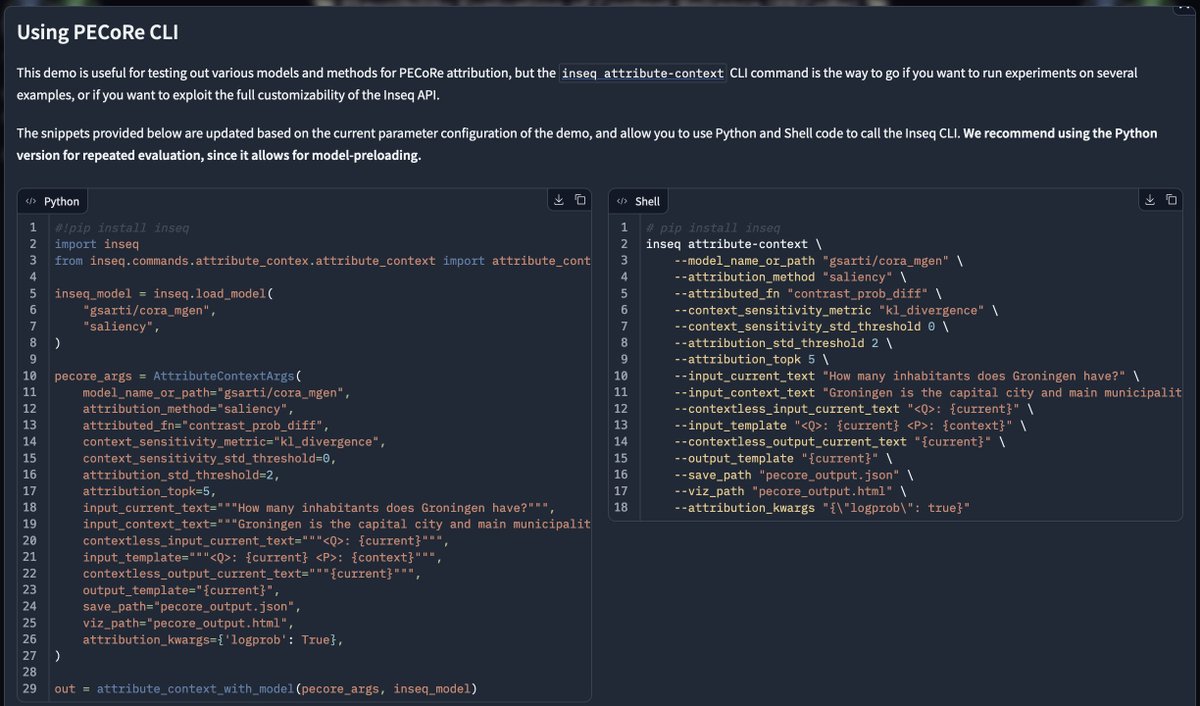 Inseq (@inseqlib) on Twitter photo The 🐑 PECoRe / 🌴 MIRAGE demo on <a href="/huggingface/">Hugging Face</a> Spaces is powered by our new attribute-context CLI command released in v0.6, and allows to export the code to reproduce your results locally with 🐛 Inseq.
Check it out ➡️ hf.co/spaces/gsarti/… The 🐑 PECoRe / 🌴 MIRAGE demo on <a href="/huggingface/">Hugging Face</a> Spaces is powered by our new attribute-context CLI command released in v0.6, and allows to export the code to reproduce your results locally with 🐛 Inseq.
Check it out ➡️ hf.co/spaces/gsarti/…