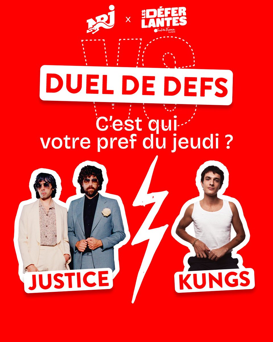 #JUSTICE⚡️ #KUNGS❓
C’est qui votre préf du jeudi 11 juillet aux <a href="/lesDeferlantes/">Les Déferlantes Sud de France</a> ?
Dites-le nous en com 👇

Ecoutez #NRJ pour gagner vos places pour les Defs !