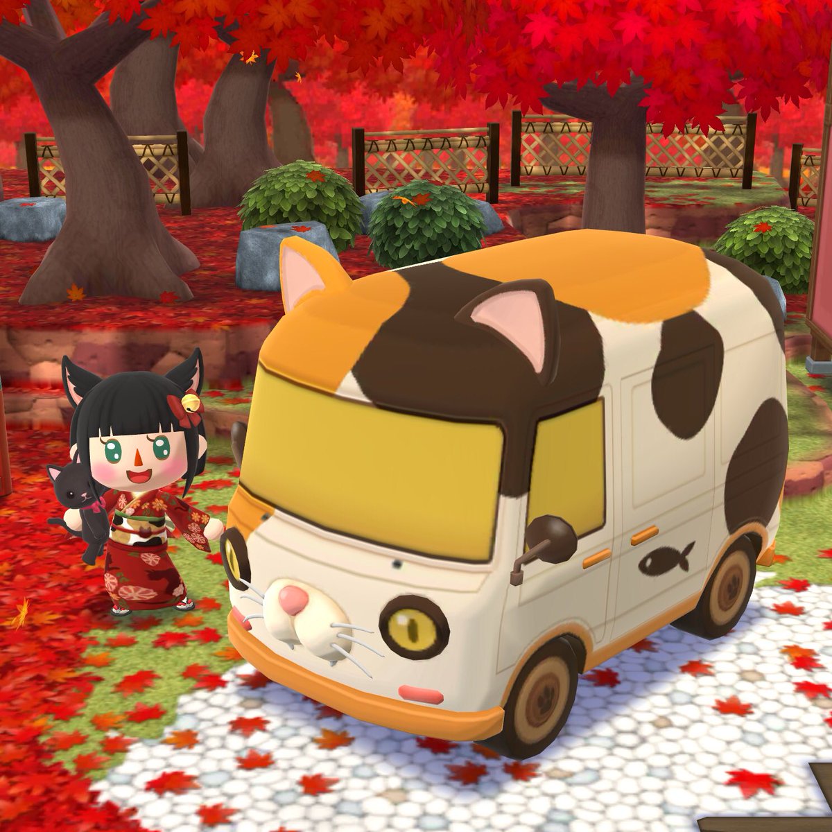 _necococat_'s tweet photo. にゃーにゃーバスのリリース待ってた🐾
ペイントしてもらったはいいが、あまりにも秋の臭いがしたからキャンプ場ごと秋仕様にした🍁(もちろん季節感バグってて違和感しかない)
猫バス気がすむまで堪能したら即🏝夏レイアウトにチェンジ！ https://t.co/PV8S8oFDZb