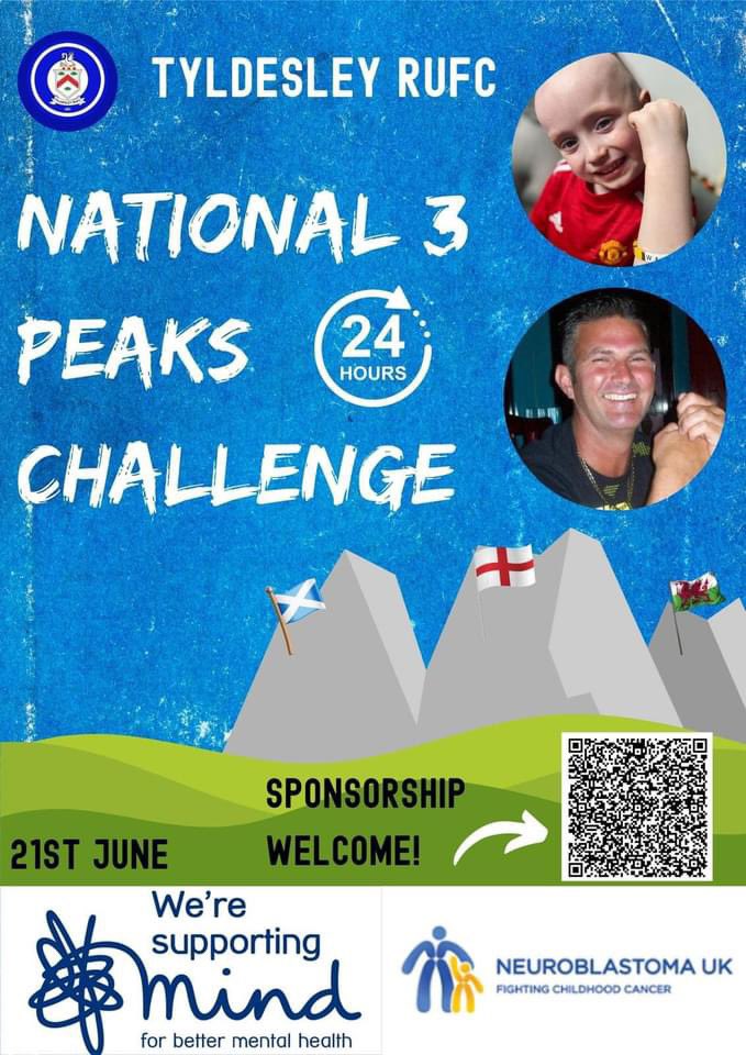 TyldesleyRUFC's tweet photo. Members  from Tyldesley Rugby Club are taking on the national 3 peaks challenge. 

3 Mountains 🏔️ 
24 hours 
2 Very special causes.  

2 charities that hold a very special place in the hearts of all involved at the club! @MindCharity @NeuroblastomaUK 

https://t.co/aRmIWY2WEs https://t.co/9Ma8oShugH