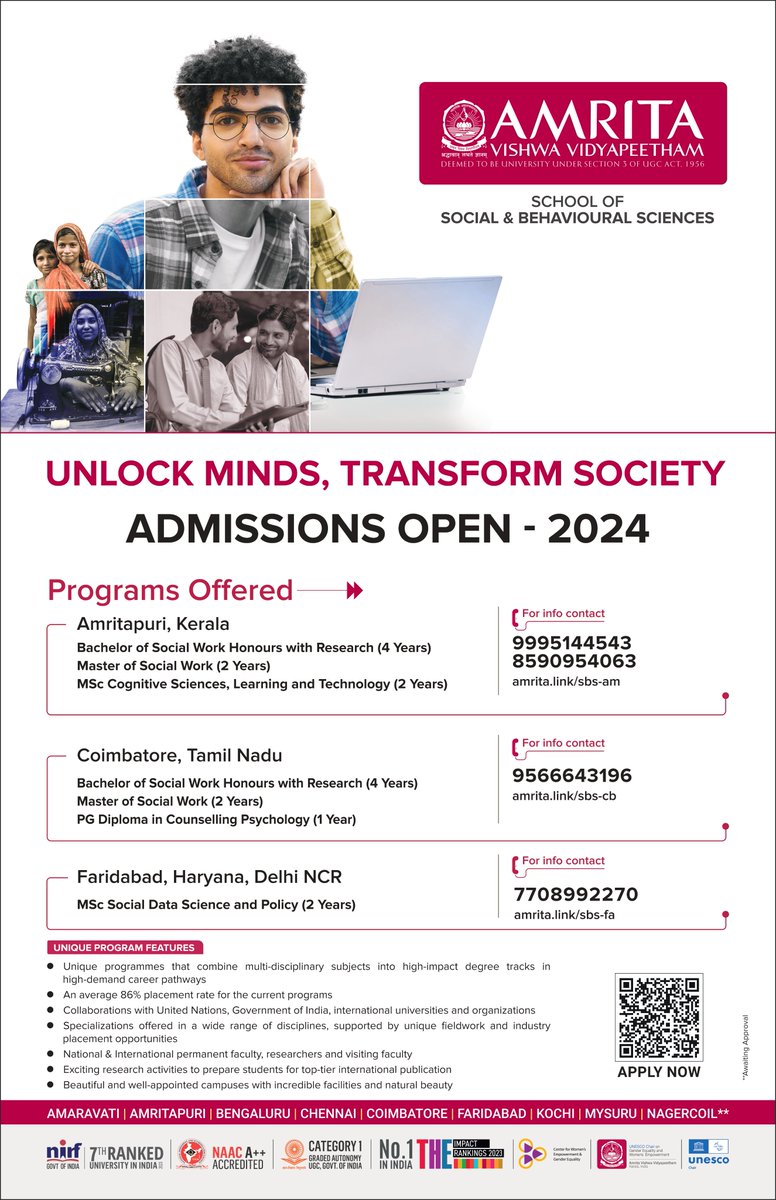 amritaSSBS's tweet photo. Admissions Open 2024: Join the School of Social and Behavioural Sciences at Amrita Vishwa Vidyapeetham! We are excited to announce that admissions are now open for the academic year 2024 at the SSBS, Amrita Vishwa Vidyapeetham. https://t.co/nOa9rMYlO4