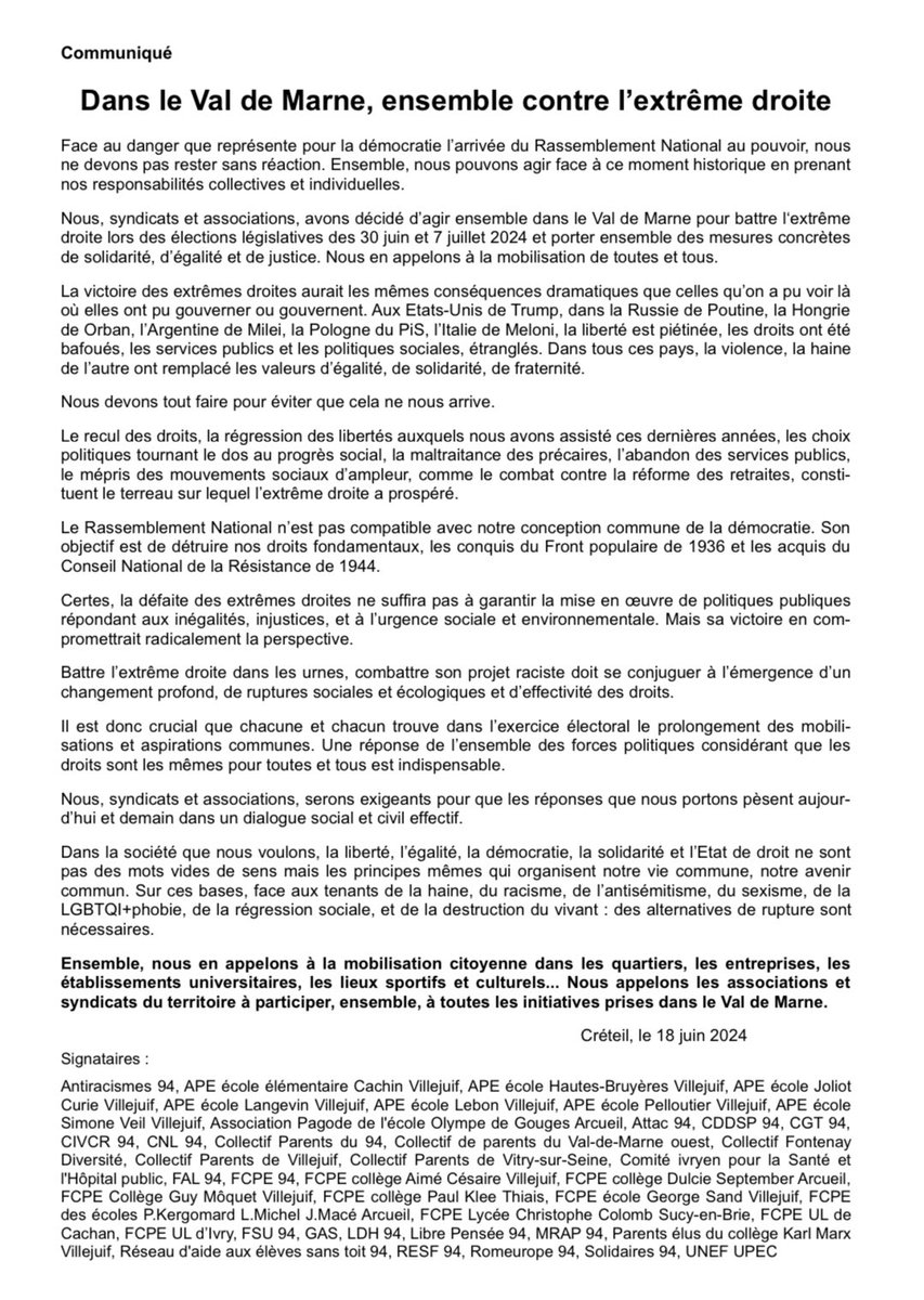 ⛔️Face au danger que représente pour la démocratie l’arrivée du Rassemblement National au pouvoir, nous syndicats et associations, avons décidé d’agir ensemble dans le Val de Marne pour battre l‘extrême droite lors des élections législatives des 30 juin et 7 juillet 2024 ✊✊✊