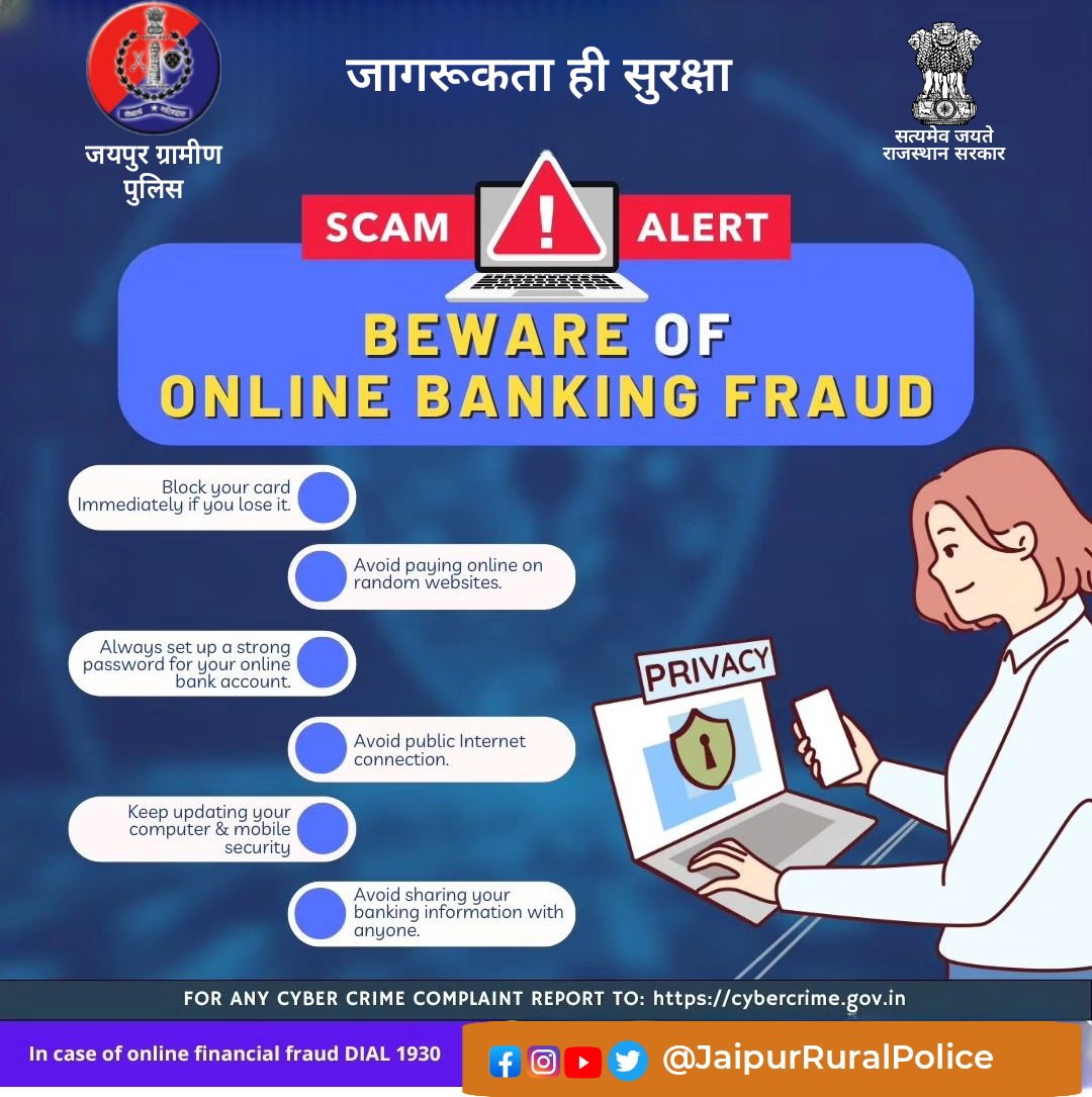 JprRuralPolice's tweet image. SCAM ALERT banking from fraud! Protect your online

Stay safe online! and report any cybercrime at cybercrime.gov.in

 #CyberSafety #14C #MHA #StaySafeOnline #CyberDost #CyberSecurity #digitalsafety