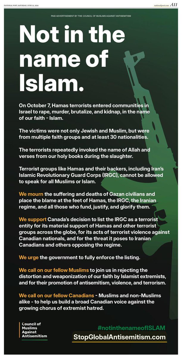 Council of Muslims Against Antisemitism (@againstantisem) on Twitter photo The atrocities committed by Hamas on October 7, 2023 plunged the world into a frenzy of antisemitism and extremism.
Today, The Council of Muslims Against Antisemitism took out full page ad in the <a href="/nationalpost/">National Post</a> to deliver a strong message. We stand with the Jewish community and The atrocities committed by Hamas on October 7, 2023 plunged the world into a frenzy of antisemitism and extremism.
Today, The Council of Muslims Against Antisemitism took out full page ad in the <a href="/nationalpost/">National Post</a> to deliver a strong message. We stand with the Jewish community and