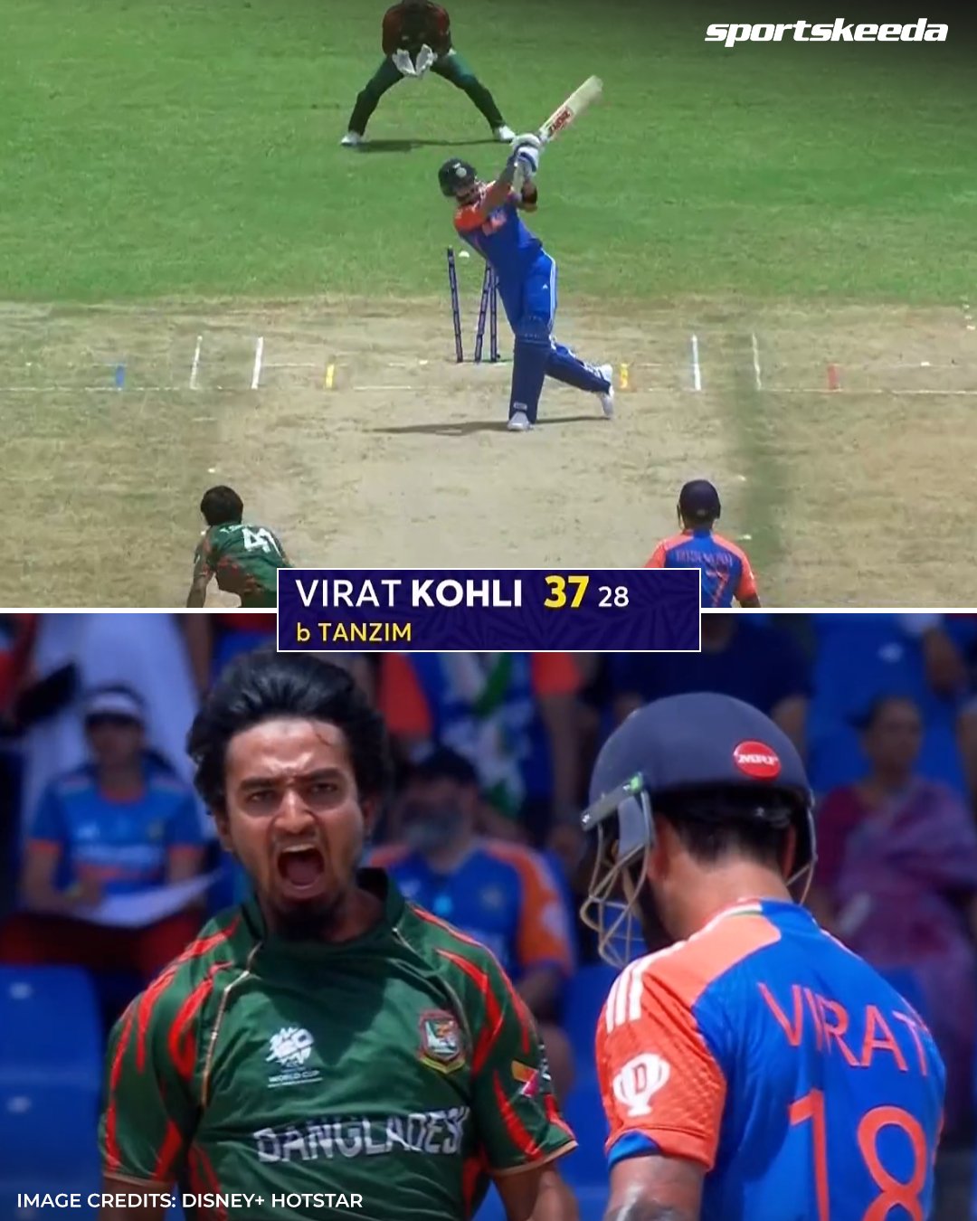 Sportskeeda X VIRAT KOHLI BOWLED Tanzim Hasan Sakib gets Virat Kohli for 37 28 ViratKohli INDvBAN T20WorldCup https t Sgj3HwAMiM X