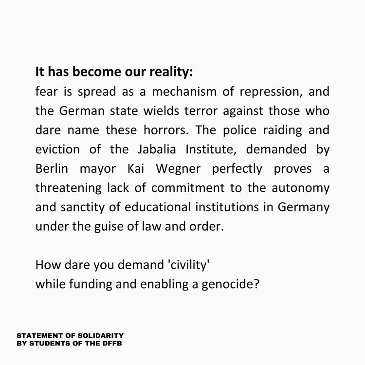 StudentCoBerlin's tweet photo. Statement of solidarity by the students of the Deutsche Film und Fernsehakademie Berlin (DFFB), supported by their student council
STOP THE GENOCIDE 
END THE OCCUPATION 
FREE PALESTINE 
[1/2] https://t.co/1ITFMig52x