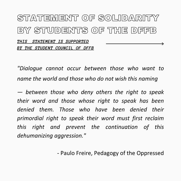 StudentCoBerlin's tweet photo. Statement of solidarity by the students of the Deutsche Film und Fernsehakademie Berlin (DFFB), supported by their student council
STOP THE GENOCIDE 
END THE OCCUPATION 
FREE PALESTINE 
[1/2] https://t.co/1ITFMig52x