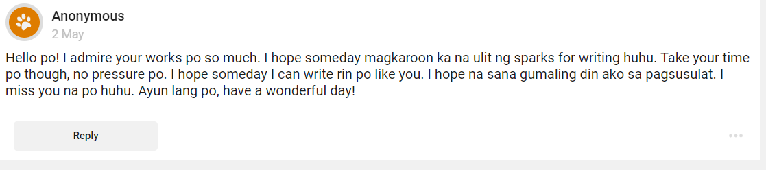 midstofthings's tweet photo. This is so heartwarming 🥹 I don't think my works were that good but thank you for believing and reading! Naniniwala rin ako sa 'yo! Mabuhay ang mga Alagad ng Sining! 🥰 https://t.co/HpvyGC5722