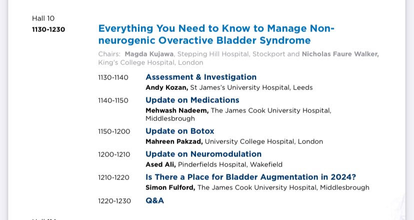 Tuesday….11.30am Hall 10 literally EVERYTHING you need to know about OAB <a href="/AndyKozan/">Andy Kozan</a> <a href="/Mehwash_Nadeem/">Mehwash Nadeem</a> <a href="/ased_ali/">Ased Ali</a> <a href="/PakzadMahreen/">Mahreen Pakzad</a> and Simon Fulford <a href="/nickfaurewalker/">Nick Faure Walker</a> 
<a href="/BAUSurology/">BAUS</a> #BAUS24 #fnuucrew