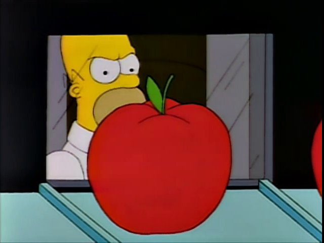 Apple... apple... apple... Come on, candy bar.

Hey, I know you. You're that first apple I didn't want!

#TheSimpsons