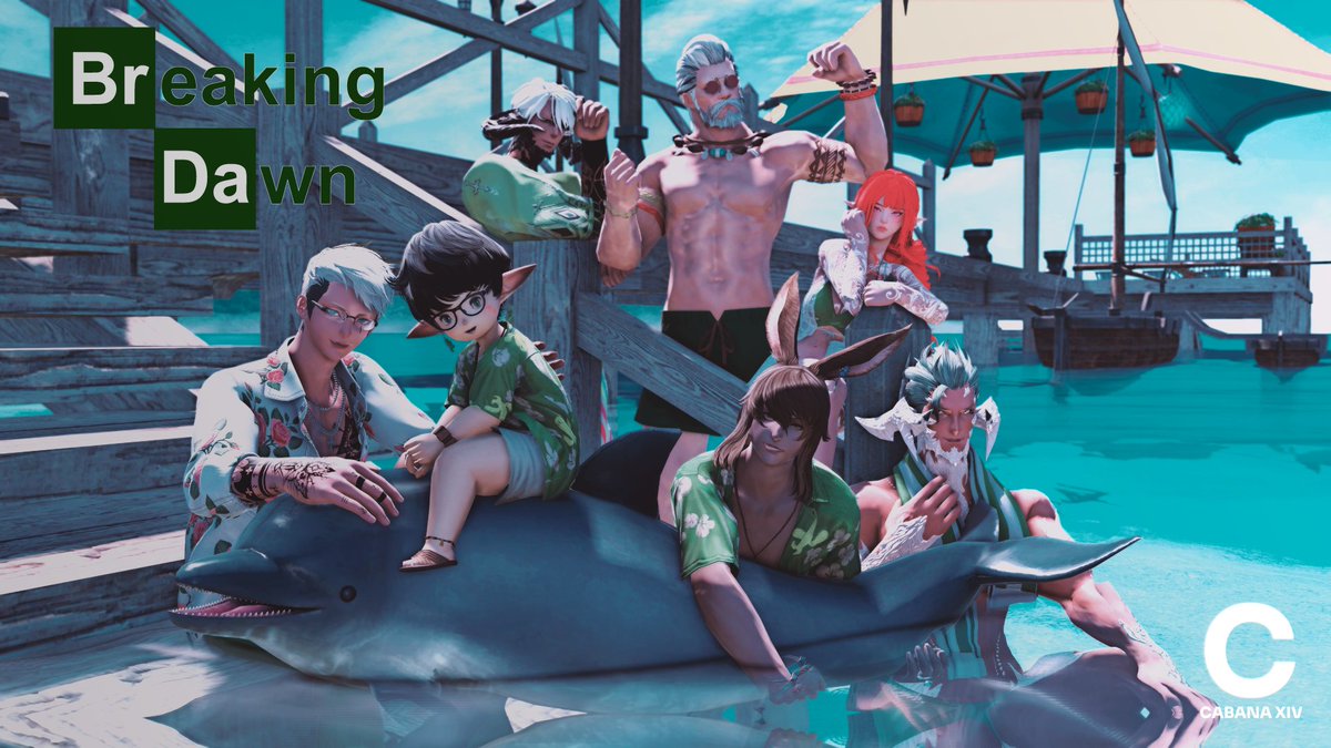 The Cabana Crew all stacked up, ready to cook &amp; party for the "Breaking Dawn" Collab event.

With live DJs, Art booths, Gamba &amp; more,

You won't be catching us in the basement.

Come cook with us tonight@2100 gmt+8 at Kujata Mist W1!

Carrd: breakingdawnxiv.carrd.co

📸: <a href="/Neri_XIV/">Nerissa Amell</a>