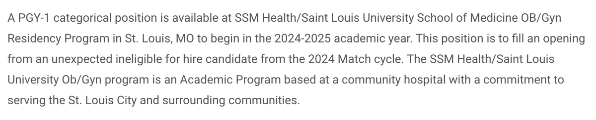 PGY-1 Ob/Gyn Open Residency Spot 
SSM Health/Saint Louis University School of Medicine OB/Gyn Residency Program, St. Louis, MO

Info to Apply HERE: acog.org/education-and-…
#InsideTheMatch