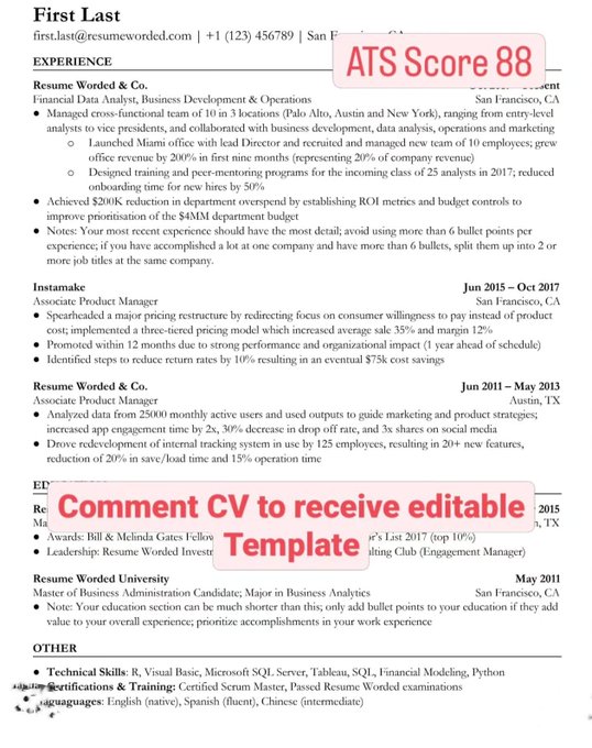LearnWithSubhan's tweet image. This Resume has an ATS score of more than 88🤯

I have personally used this single-column resume in my job hunting and got amazing results

I am sharing the exact editable template for this 🤩

To get it:
1. Follow me @LearnWithSubhan (So that I can DM)
2. Reply &quot;CV&quot; and RT