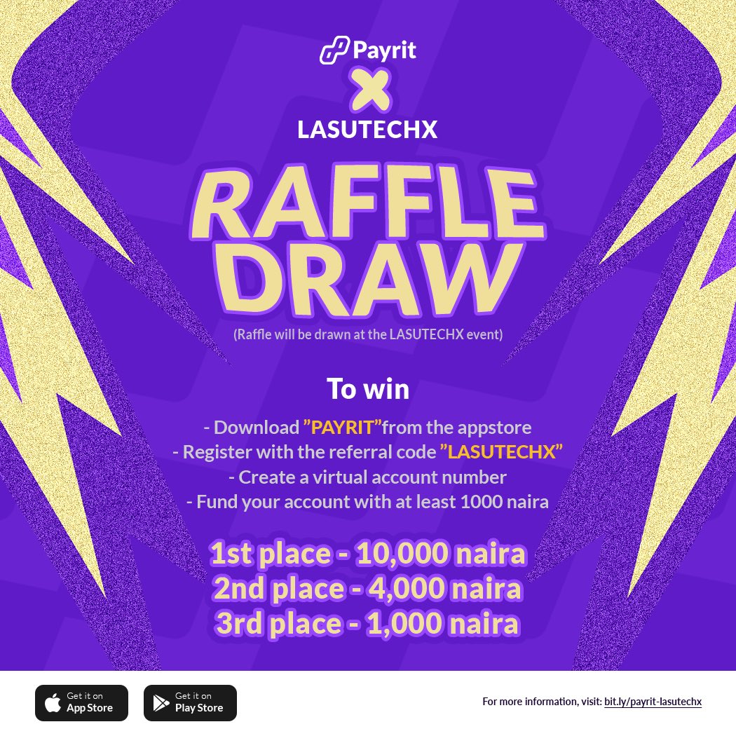 payritHQ's tweet image. In the spirit of the biggest tech event in @LASUOfficial, organised by @gdsclasu and @lasutechx which we are a proud sponsor, we are excited to announce our raffle draw exclusively for attendees of the #LASUTECHX3 event.
Increase your chances of winning bit.ly/PAYRIT-LASUTEC……