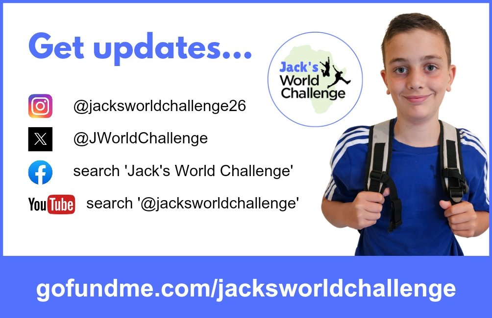 Jack says thanks so much to everyone who's donated so far - an amazing £500+ towards the total 😁👍 (still a long way to go!). More news on other fundraising challenges soon 👀. Jack now has all of these ways to keep you updated... 

gofundme.com/jacksworldchal…

#JacksWorldChallenge