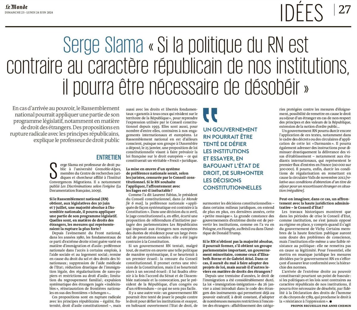 N_Hervieu's tweet photo. A lire absolument : Entretien de Serge Slama dans @LeMondefr.

Au-delà du débat sur la "désobéissance" aux mesures attentatoires aux libertés, un état des lieux sur l'impact concret &amp; juridique d'une politique RN.

Entre rupture de nos principes républicains &amp; "Frexit juridique". https://t.co/E1oHHoj26D