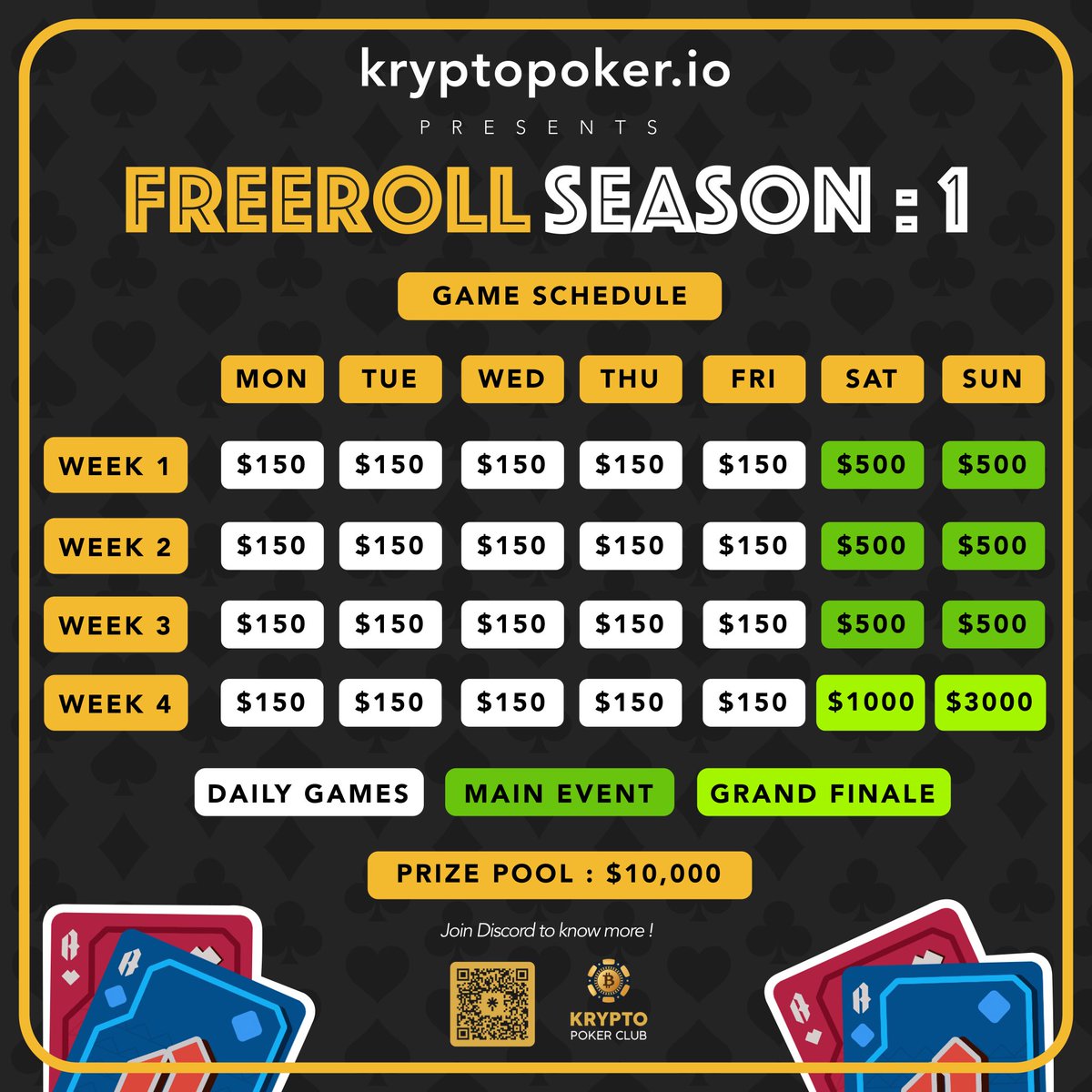 kryptopoker's tweet photo. **🎉 https://t.co/MFLiOMSpDn Presents FREEROLL SEASON : JULY 24🎉**

MINT DATE : 28 JUNE
SUPPLY : Open Mint 
MINT PRICE : $25
BLOCKCHAIN : Solana 

**💰 $10,000 GUARANTEED PRIZEPOOL 💰**

GAME SCHEDULE : https://t.co/iXPv4lSAm9