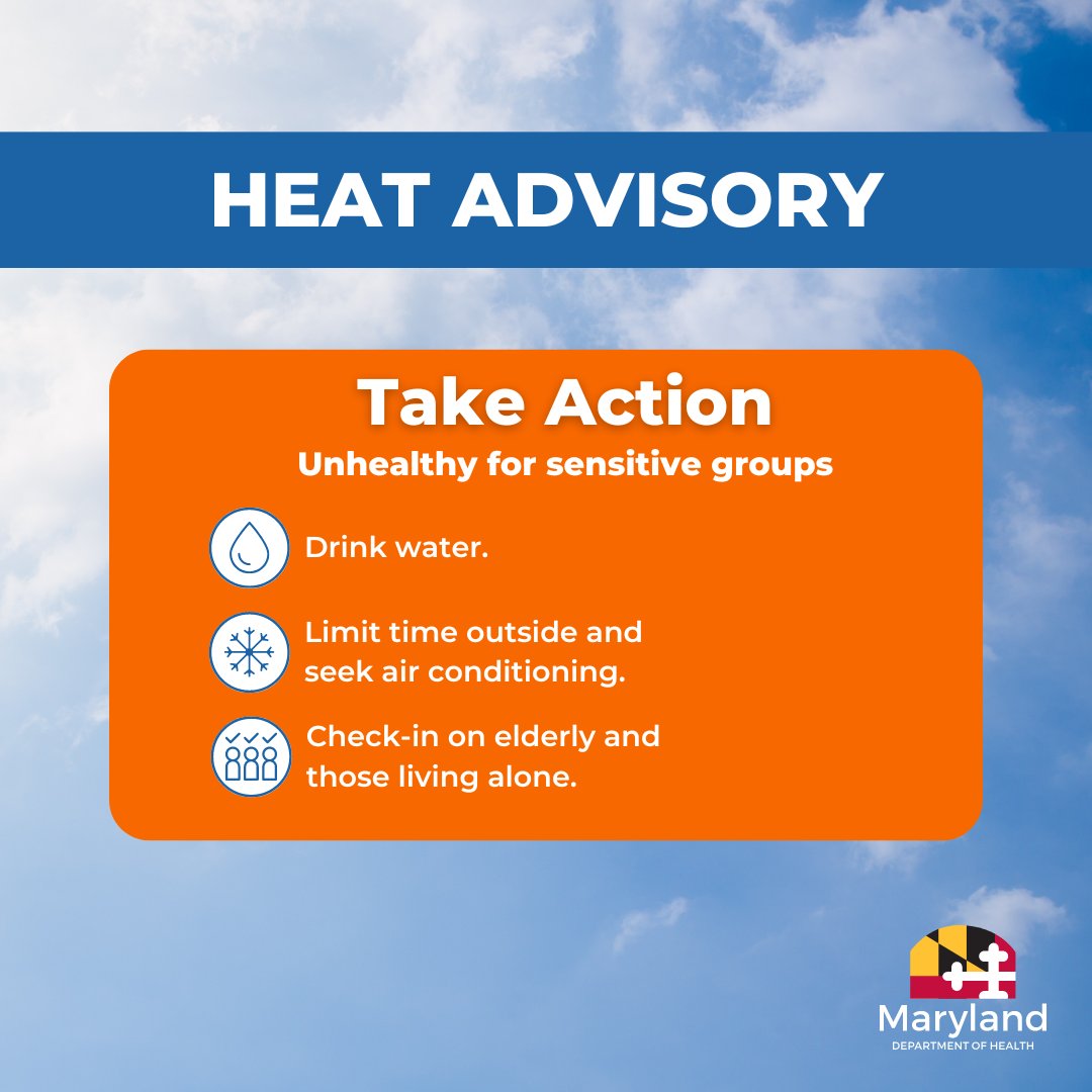 MDHealthDept's tweet image. ⚠️The majority of the state is under a heat advisory and a code orange air quality alert. Stay cool and hydrated, and remember to take breaks throughout the day when spending time outside. Learn more and find cooling centers near you: health.maryland.gov/heat