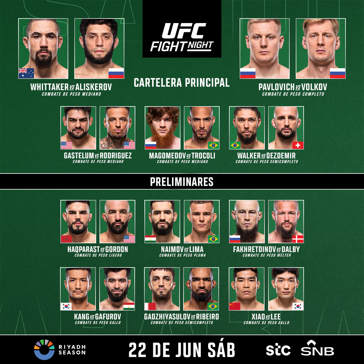 Cartelera de HOY en horario especial  #UFCSaudiArabia 

<a href="/RiyadhSeason/">موسم الرياض | Riyadh Season</a> | #RiyadhSeason

ESTELARES 3pm ET 🇺🇸 / 1pm 🇲🇽 / 4pm 🇦🇷 / 9pm 🇪🇸
PRELIMINARES 12pm ET 🇺🇸 / 10am 🇲🇽 / 1pm 🇦🇷 / 6pm 🇪🇸