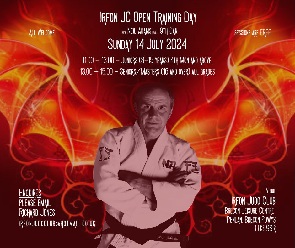 Irfon Judo Club (@irfonjudoclub) on Twitter photo If you are coming along to our next training day, please register at irfonjudoclub@hotmail.co.uk leave us your name, category & Club. Thank you. Open Judo Training Day – Guest Coach – Neil Adams MBE 9th Dan at Irfon Judo Club, Brecon Leisure Centre, Brecon, Powys, LD3 9SR. If you are coming along to our next training day, please register at irfonjudoclub@hotmail.co.uk leave us your name, category & Club. Thank you. Open Judo Training Day – Guest Coach – Neil Adams MBE 9th Dan at Irfon Judo Club, Brecon Leisure Centre, Brecon, Powys, LD3 9SR.