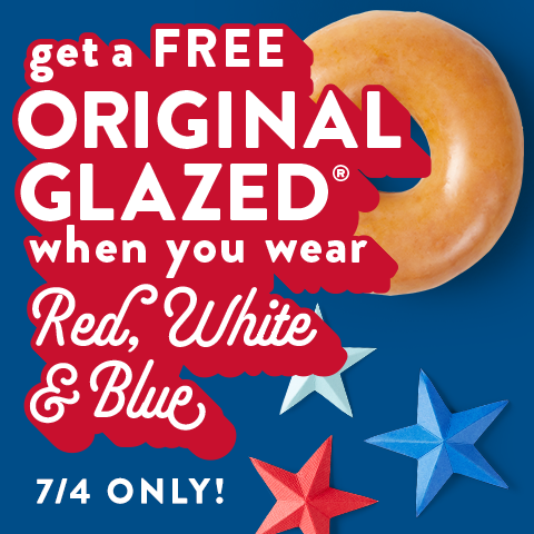 Pick up a free donut when you wear red, white &amp; blue on July 4, 2024 to <a href="/krispykreme/">Krispy Kreme</a>! 🍩 Deets: krispykreme.com/promos/july4th