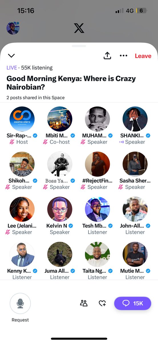 Tech is such a game changer. We have 55k+ people in an X space talking about real issues affecting Kenyans. 

Perspective: That’s an entire football stadium! It’s the biggest online political rally ever witnessed in Kenya with non-politicians (including Gen Z) speaking 🤯 

Never