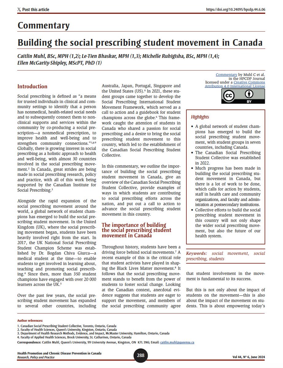 Caitlin Muhl, MPH, PhD (@caitlinmuhl) on Twitter photo So excited to share this piece of work! Our @CSPSC_CECPS leadership team published a commentary in <a href="/GovCanHealth/">Health Canada and PHAC</a> #HPCDP journal special issue on #SocialPrescribing where we discuss our efforts to build the social prescribing student movement in Canada! π¨π¦
canada.ca/content/dam/phβ¦ So excited to share this piece of work! Our @CSPSC_CECPS leadership team published a commentary in <a href="/GovCanHealth/">Health Canada and PHAC</a> #HPCDP journal special issue on #SocialPrescribing where we discuss our efforts to build the social prescribing student movement in Canada! π¨π¦
canada.ca/content/dam/phβ¦