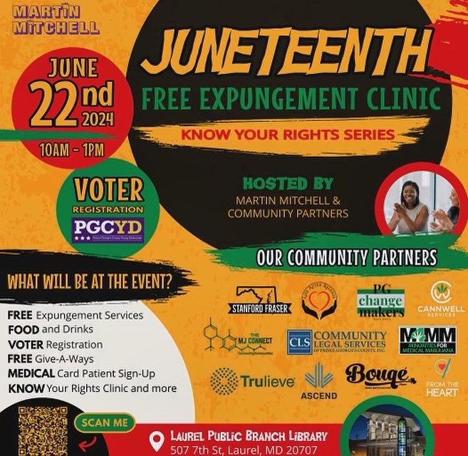 Join us for the Juneteenth Free Expungement Clinic on June 22nd, 2024, from 10 AM to 1 PM at the Laurel Public Branch Library. Get free expungement services, voter registration, medical card sign-up, and more! Hosted by Martin Mitchell <a href="/laurel_city/">Marty For Laurel City</a> . #Juneteenth #KnowYourRights