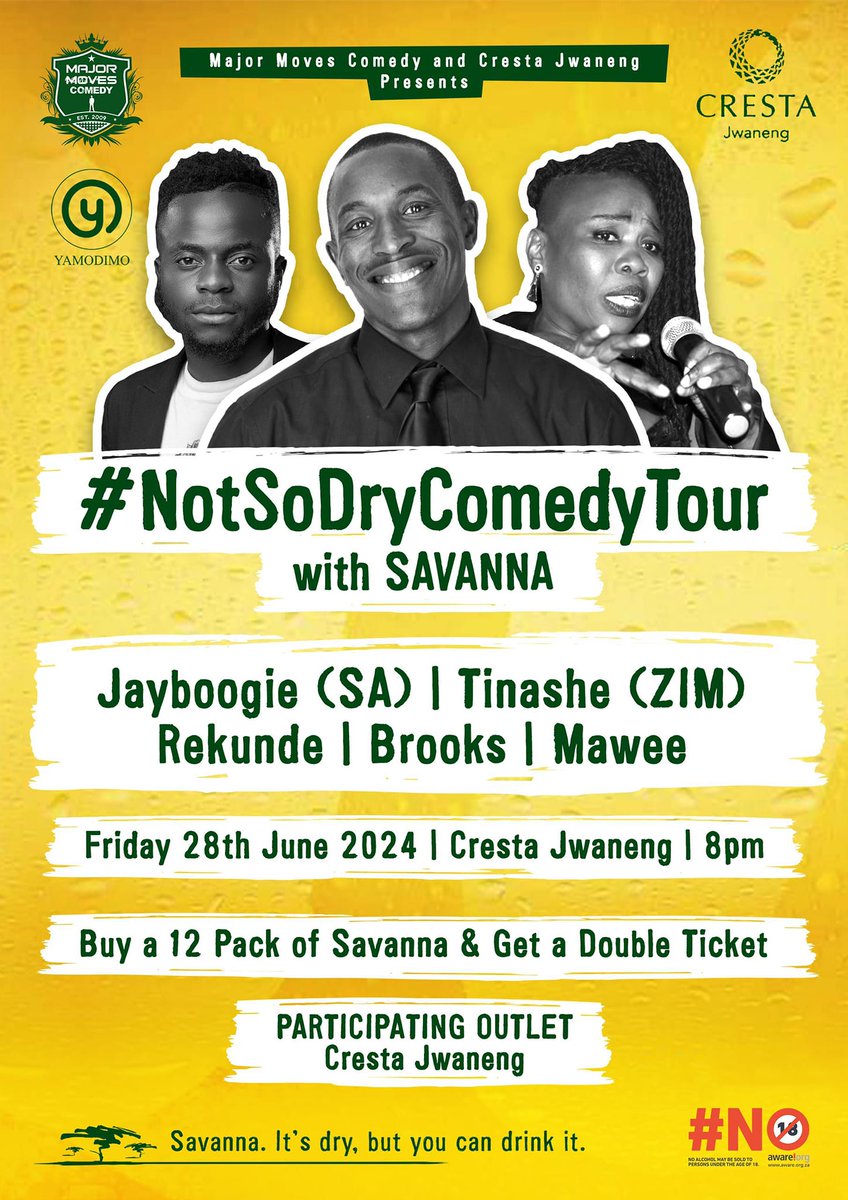 #NotSoDryComedyTour🎙 at 📌Cresta Jwaneng this 📅Fri 28th June featuring Mawee 🇧🇼 | Jayboogie 🇿🇦 | Rekunde 🇧🇼 | Tinashe 🇿🇼 | Brooks 🇧🇼   
Tickets NOW available at Cresta Jwaneng and Pick n Pay